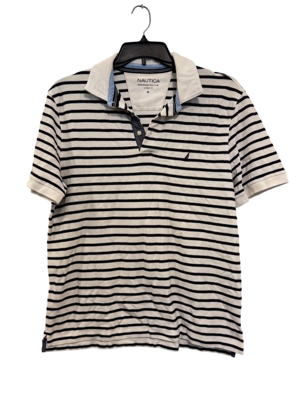 Nautica Performance Deck Shirt Classic Fit Striped Polo XL White & Navy Cotton B